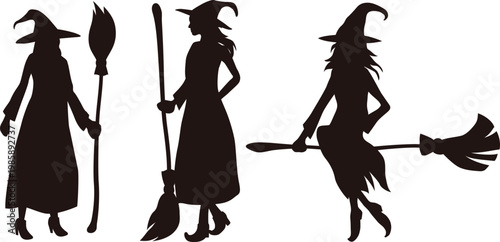 Spooky vector graphic of three witch silhouettes in classic hats and brooms for Halloween.