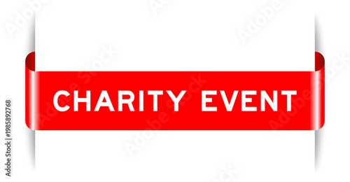Red color inserted label banner with word charity event on white background