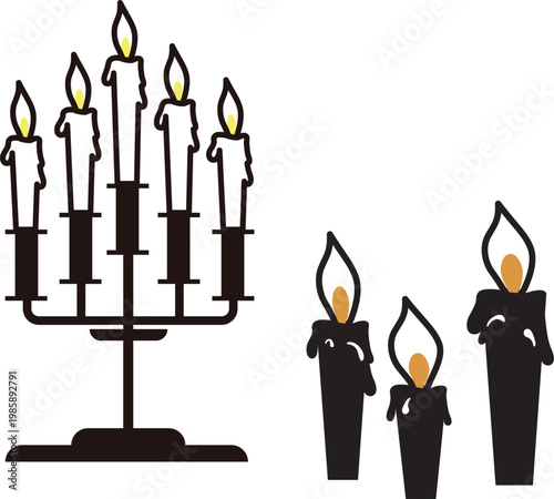Stylized vector graphic featuring a classic candelabra with five lit melting candles and three standalone candles.