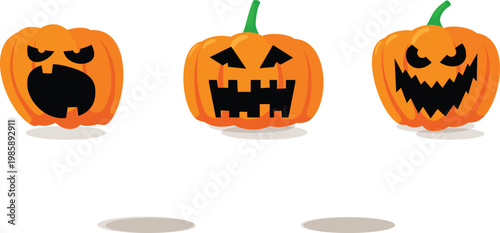 Bilde på lerret Three expressive vector graphic Halloween pumpkins showcase distinct carved faces, perfect for spooky design