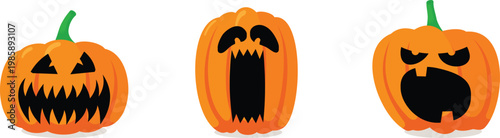 Scary Halloween vector illustration featuring three carved orange jack-o'-lanterns with distinct spooky faces.