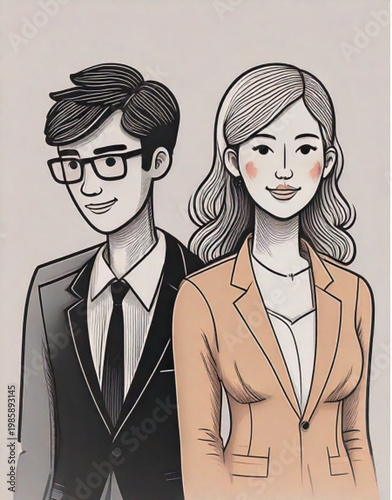 Two professionals in business attire standing together.