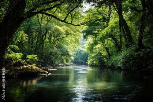 Flowing river reflecting green trees and dense foliage in a tranquil jungle environment