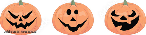Diverse vector graphic jack-o'-lantern illustrations featuring distinct carved Halloween facial expressions.