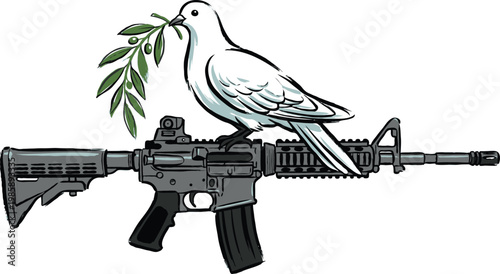 hand drawn illustration Dove of peace at riffle gun, symbolizing end of conflict or ceasefire