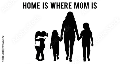 Mother walking with children in silhouette against a white background representing family love and togetherness
