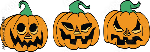 Three classic Halloween Jack-o'-lantern vector illustrations, each featuring unique carved spooky faces.
