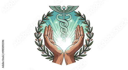 Medical symbol of healing hands with caduceus and laurel wreath