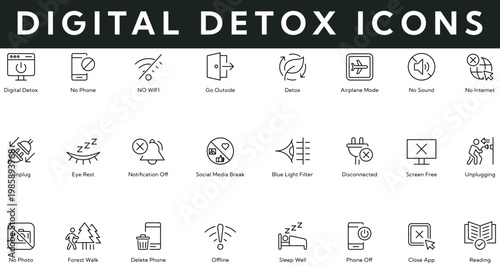 Digital detox icon set contains no phone, no wifi, go outside, airplane mode, no sound, no internet, unplug, eye rest, notification off, read.  Vector illustration outline icons with editable stroke