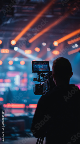 Professional videographer filming a live concert event with vibrant stage lighting and dynamic atmosphere. Modern camera equipment captures the energy of the music performance