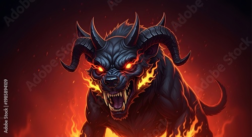 Fierce Black Demonic Beast with Glowing Eyes and Fiery Aura.
