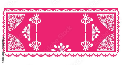 Pink papel picado banner with white decorative perforations for celebration