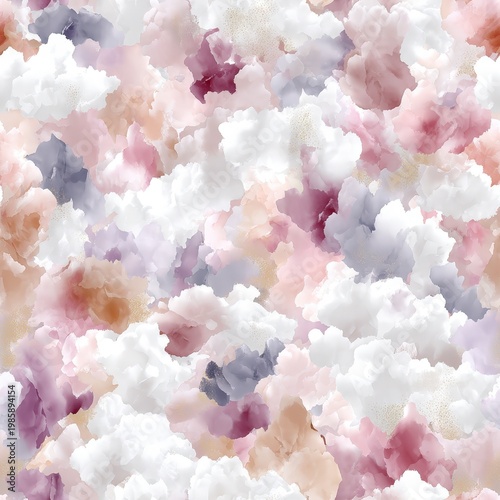 Pastel clouds fill the sky with soft colors of pink, blue, and purple, creating a dreamy backdrop for various design projects SEAMLESS PATTERN