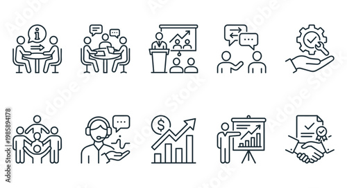 Consulting web icons in line style. Consultation, meeting, conference, service, communication, collection. Vector illustration.
