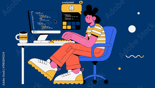 Flat vector illustration of programmer working at computer with ai assistant coding software development in modern colorful style