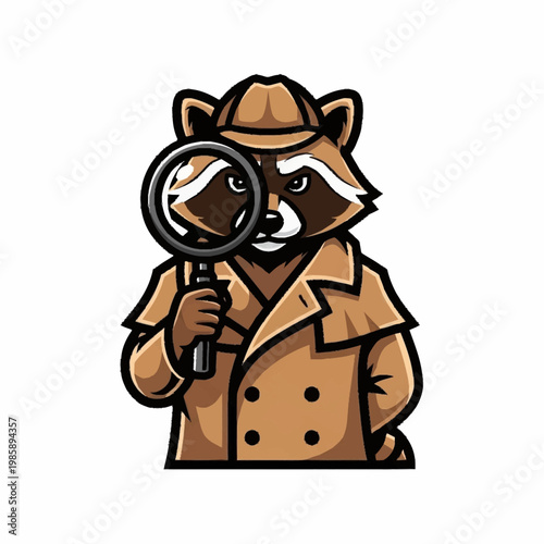 Cartoon Raccoon Detective Character Holding Magnifying Glass.