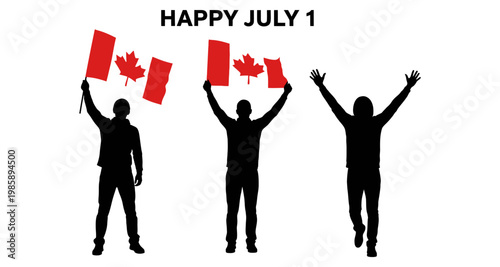 Silhouetted Canadians Celebrate with Maple Leaf Flags During July 1 Holiday