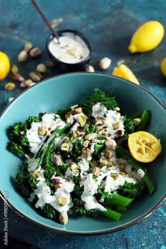 broccoli shoots keto with yogurt sauce and lemon