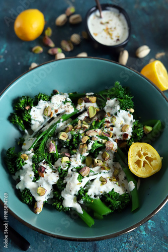broccoli shoots keto with yogurt sauce and lemon