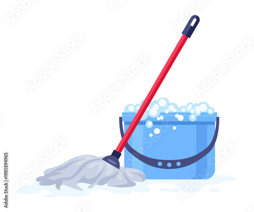 Wet mop with bucket for floor cleaning and housecleaning, isolated on white background. Vector flat cartoon illustration. Cleaning concept.