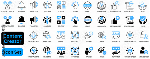 Content Creator icon set. Content creator icons for video, microphone, multimedia,  marketing,  audience, creation,  workflow and more icon
