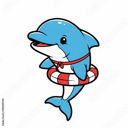 Cute cartoon dolphin wearing a life preserver ring.