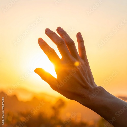 Hand Reaching for Setting Sun in Orange Sky with Blurring Mountains