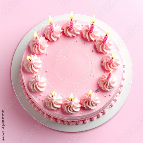 Overhead Shot of Pink Birthday Cake with Candles on Pink Background