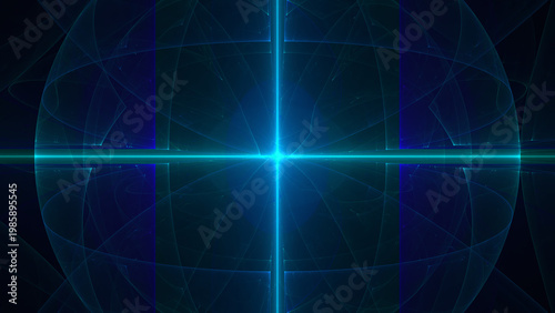 Futuristic Digital Abstract Background with Glowing Blue Cross and Spherical Grid