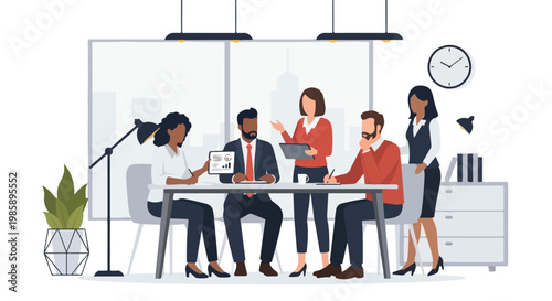 A diverse team of professional colleagues collaborates during a productive business meeting in a modern, stylishly minimalist office setting.