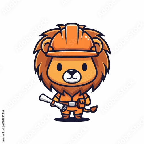 Cute cartoon lion wearing construction worker uniform and holding blueprints.