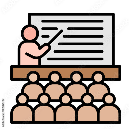 Teacher explaining lesson on whiteboard to students in classroom illustration.