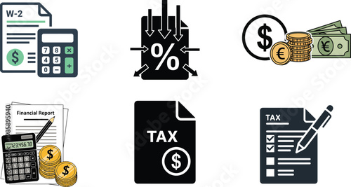 Essential aspects of financial management and taxation illustrated with icons