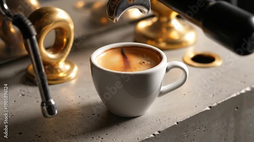 A closeup of a hot espresso coffee with milk and frothy cream served in a white ceramic cup and saucer on a cafe table for a morning breakfast drink