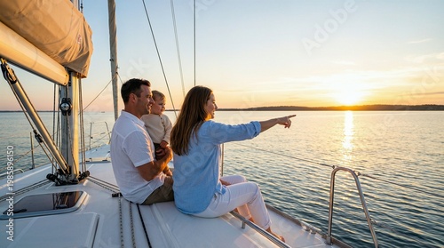 Happy young family relaxing on a sailing yacht at sunset. Mother pointing toward the horizon while father holds toddler during a peaceful summer vacation day.