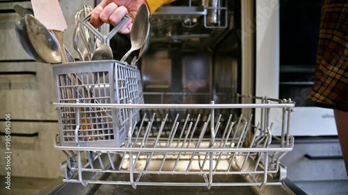 Hand placing dirty dishes into dishwasher basket for efficient cleaning process