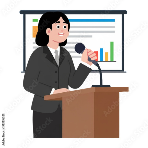 Businesswoman Giving a Presentation with Microphone and Charts