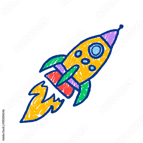 Hand drawn colorful rocket ship toy flying in space for kids.