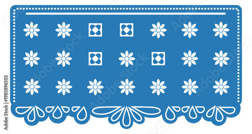Blue textile with folk floral pattern and decorative border