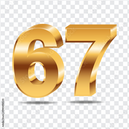 Golden 3D Number 67 Isolated on Transparent Background, Luxury Gold Glossy Sixty Seven 67th Anniversary, Birthday, Year or Price Tag Graphic Element for Celebration, Sale, and Awards Events.