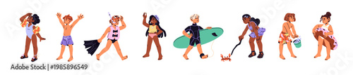 Cute kids in swimsuits set. Little boys and girls in swimwear in summer. Happy children with inflatable circles for swimming at sea resorts. Flat isolated vector illustrations on white background