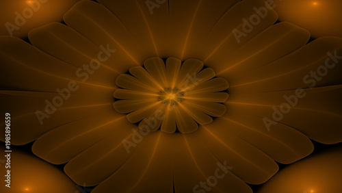 Abstract fractal flower pattern in warm orange and brown tones, digital art design with radiating petals and glowing elements