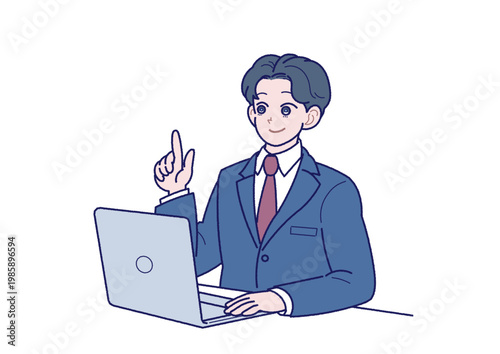 スーツ姿の若い男性がノートパソコンを確認しているイラスト