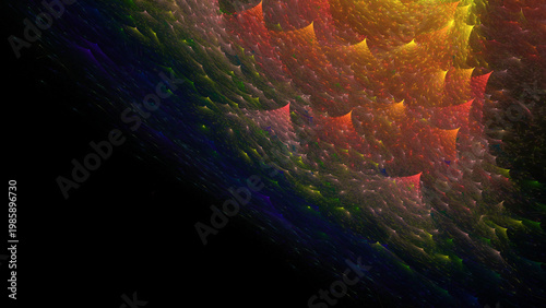 Vibrant abstract fractal background with glowing textured spikes and dynamic color gradients