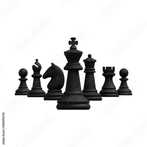 3D Black Chess Pieces Set Standing on White Background