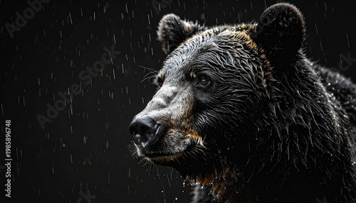 Powerful black bear portrait in the rain against dark background.