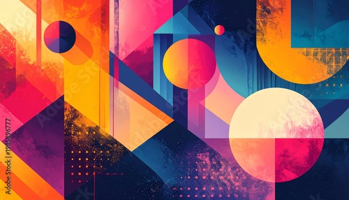 Vibrant Abstract Geometric Shapes and Spheres Background.