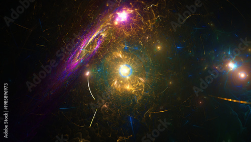 Abstract Digital Fractal Art of Cosmic Energy Bursting with Vibrant Glowing Particles and Swirling Colorful Light Patterns in Deep Space