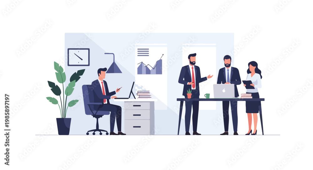 Fototapeta premium This professional vector illustration depicts a modern office scene where coworkers collaborate and work individually in a corporate setting.