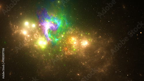 Bright colorful abstract nebula in deep space with glowing stars, vibrant cosmic background. Fantasy galaxy artwork with vivid green, blue, and purple light.